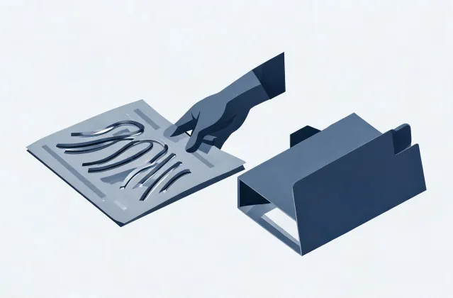 Illustration of a flexible glasses frames specification brief handing off to a quotation folder