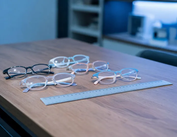 Youth flexible glasses frames beside a sizing gauge on a buyer desk